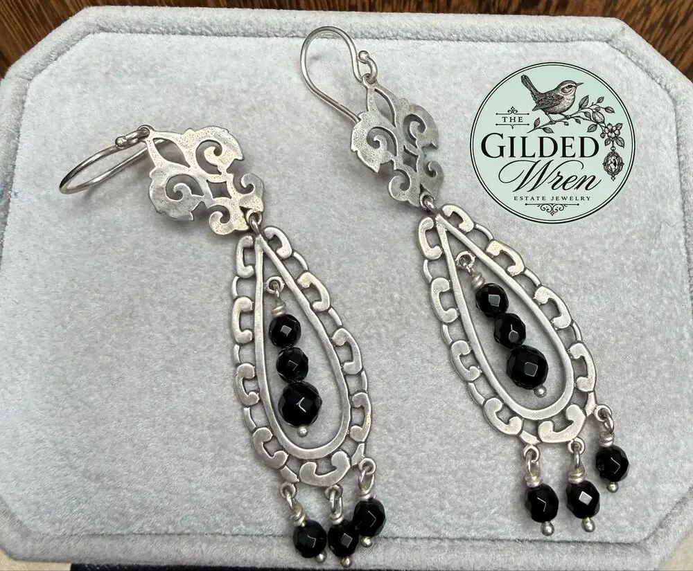 Silpada W2038 Sterling Silver Black Bead Chandelier Dangle Earrings Retired